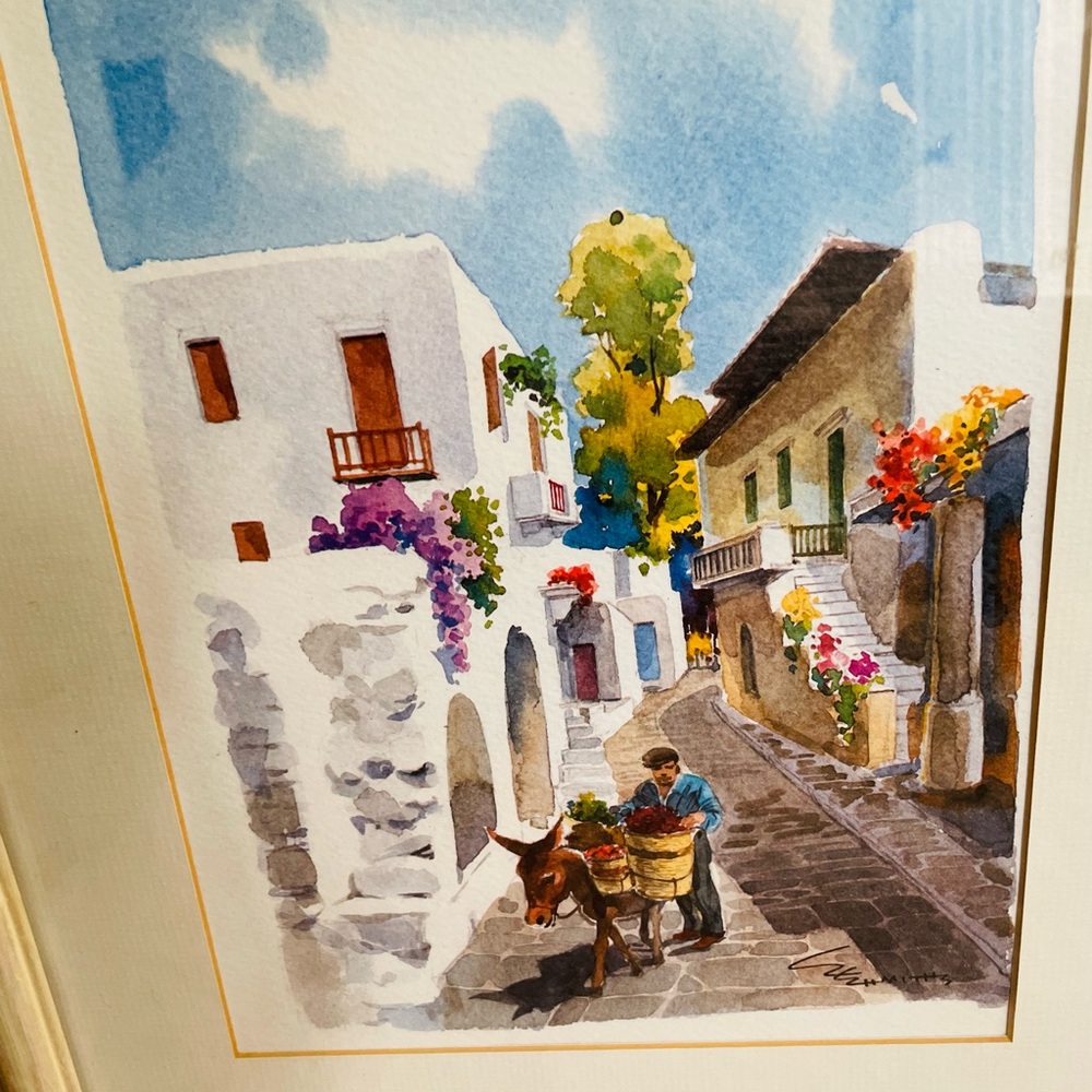 Italian village scape-water color print-artist S.Shmyths-Framed-Man & his donkey